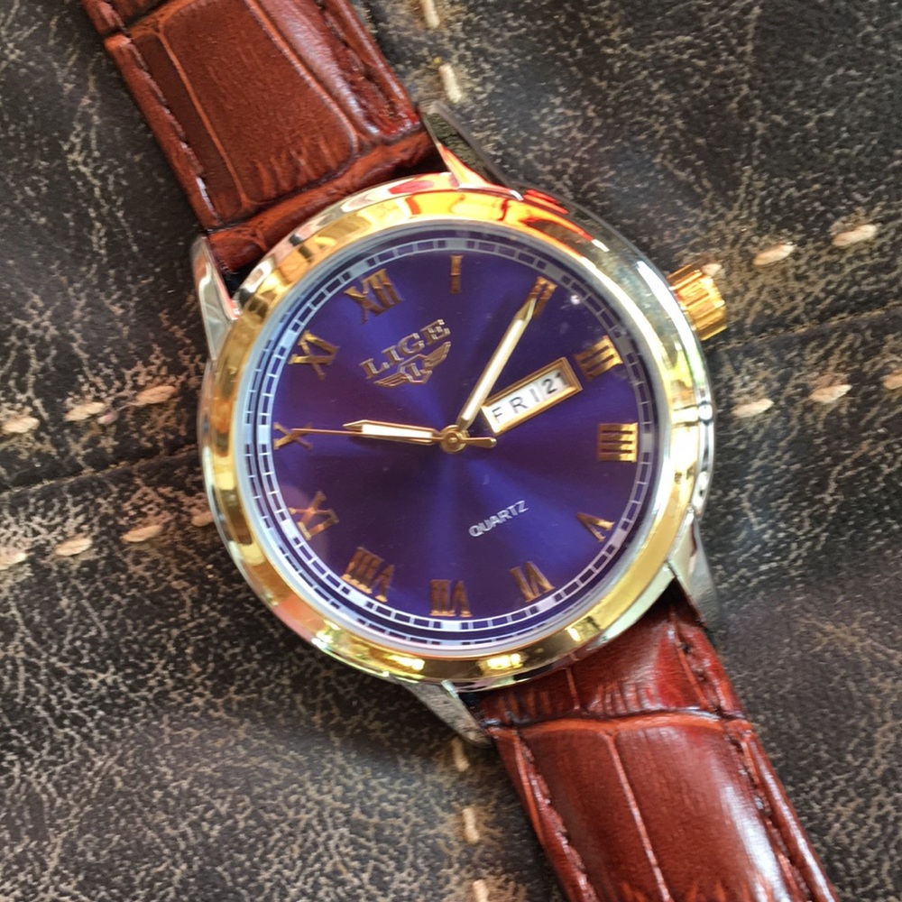 LIGE 1853 Dream Quartz 42mm dress watch leather brown strap NWOT